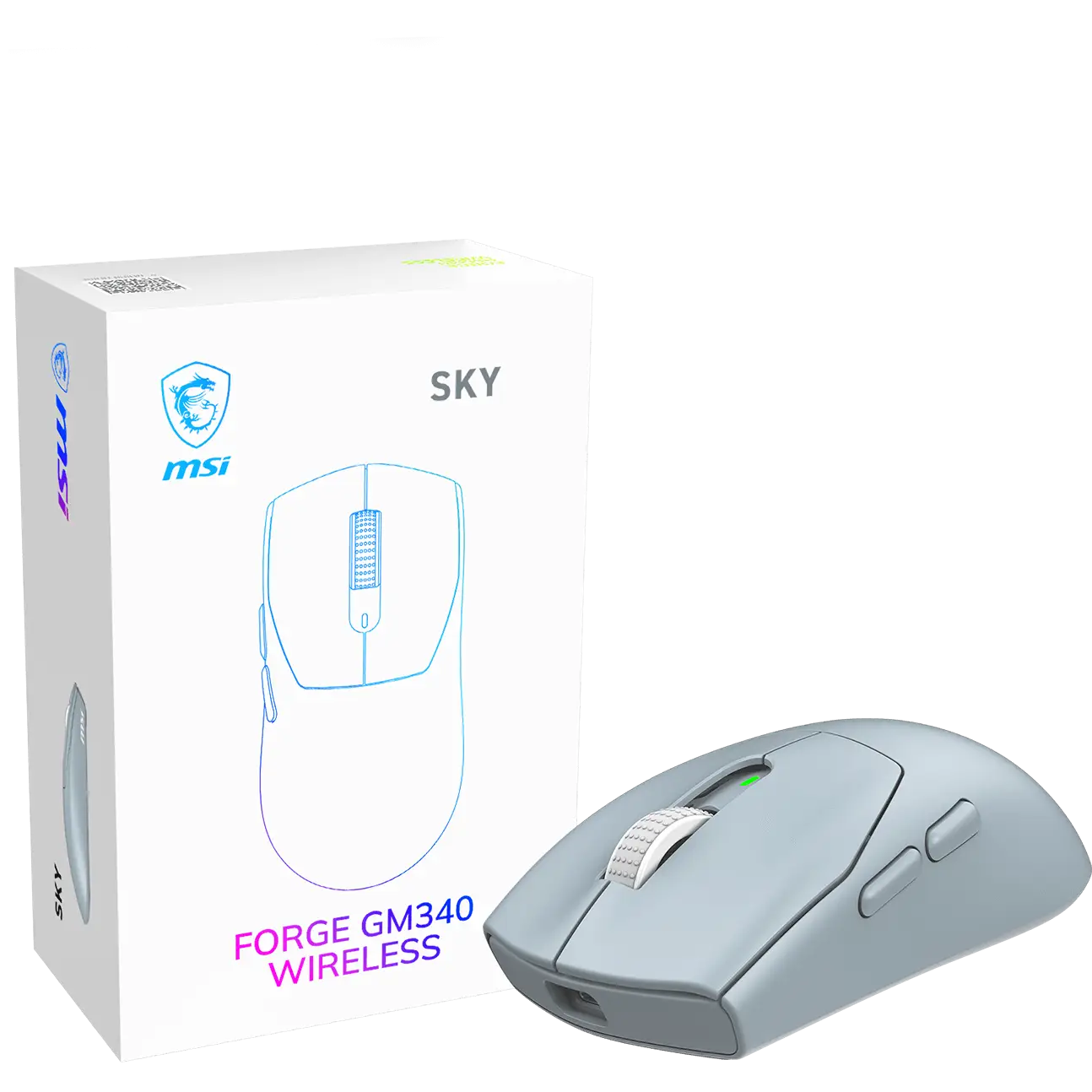 A large main feature product image of MSI FORGE GM340 Wireless Gaming Mouse - Sky
