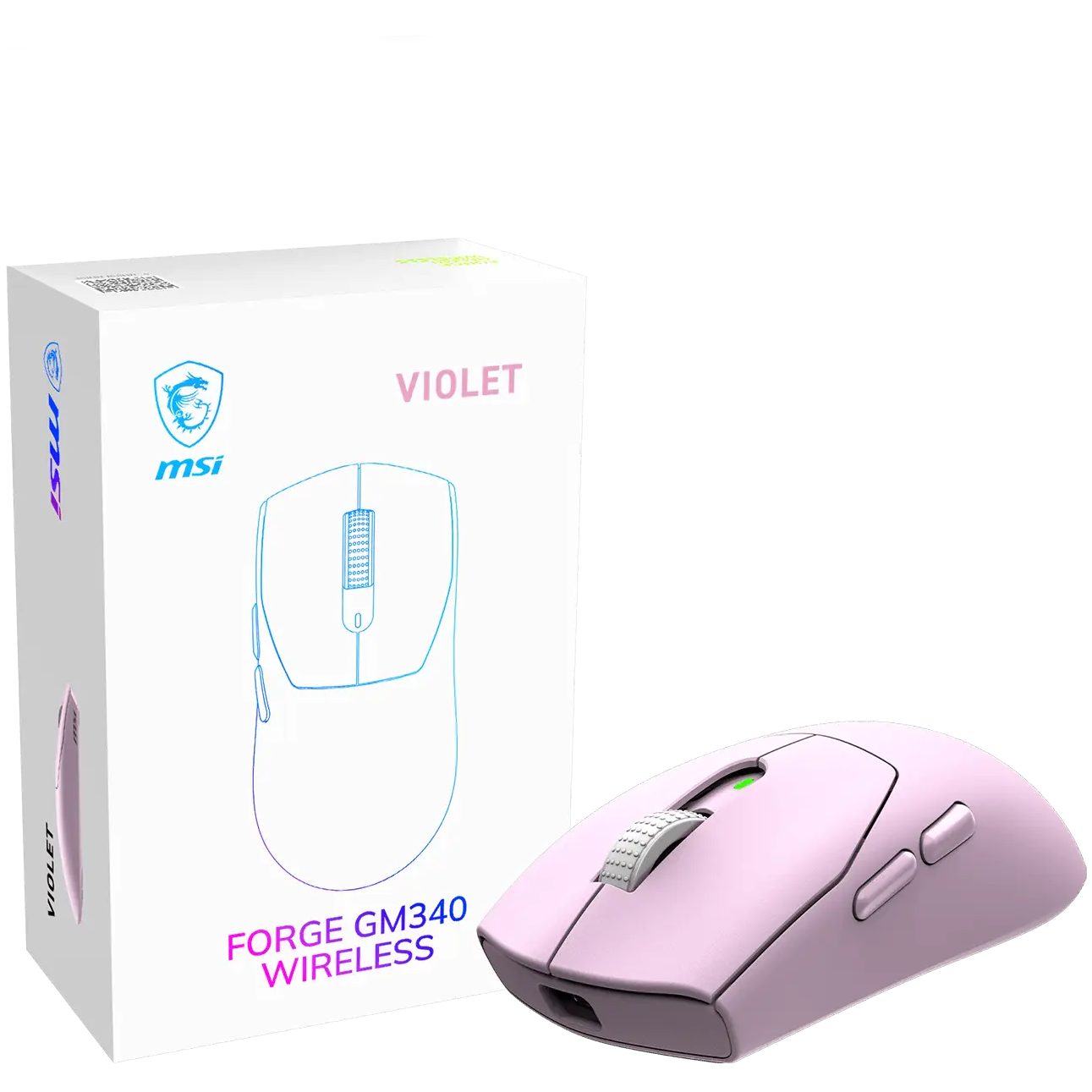 A large main feature product image of MSI FORGE GM340 Wireless Gaming Mouse - Violet