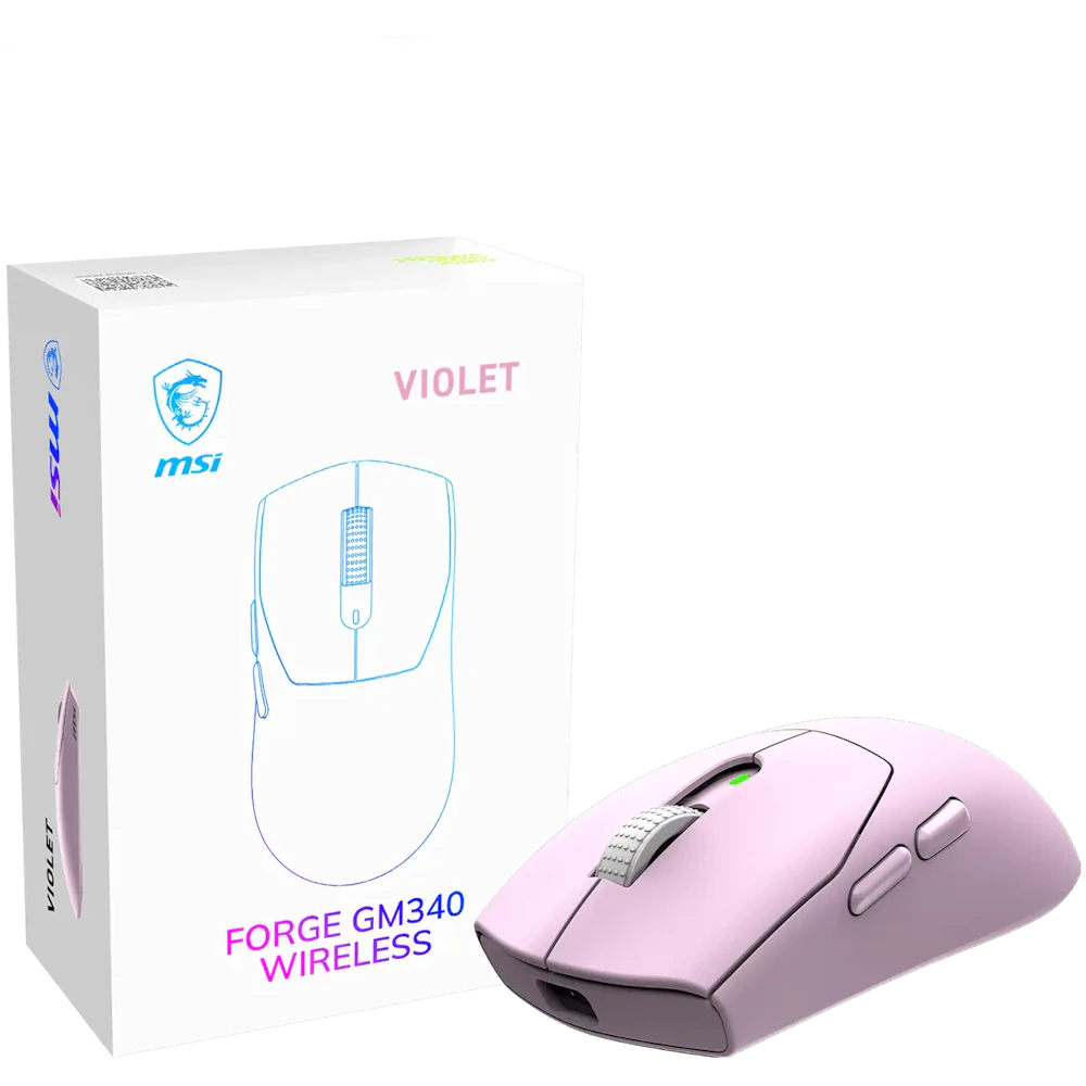 A large main feature product image of MSI FORGE GM340 Wireless Gaming Mouse - Violet