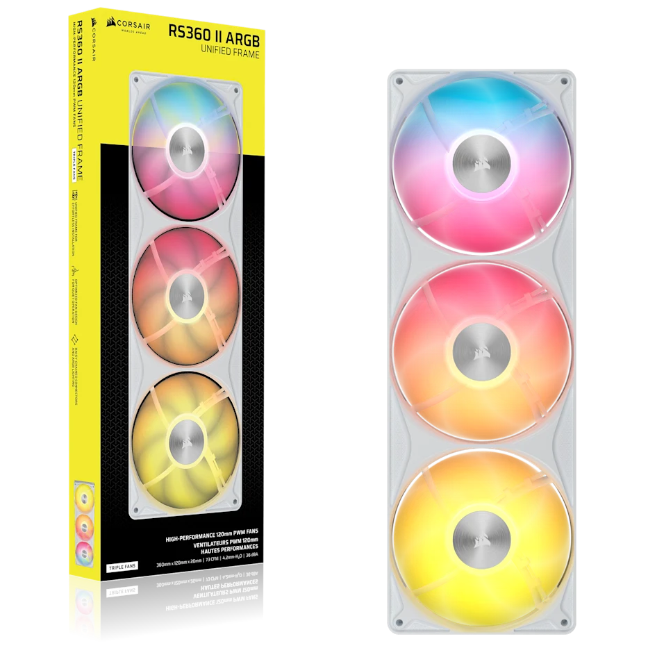 A large main feature product image of Corsair RS360 II Unified Frame ARGB - 360mm PWM Triple Block Fan (White)