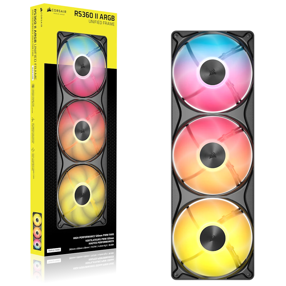 A large main feature product image of Corsair RS360 II Unified Frame ARGB - 360mm PWM Triple Block Fan (Black)