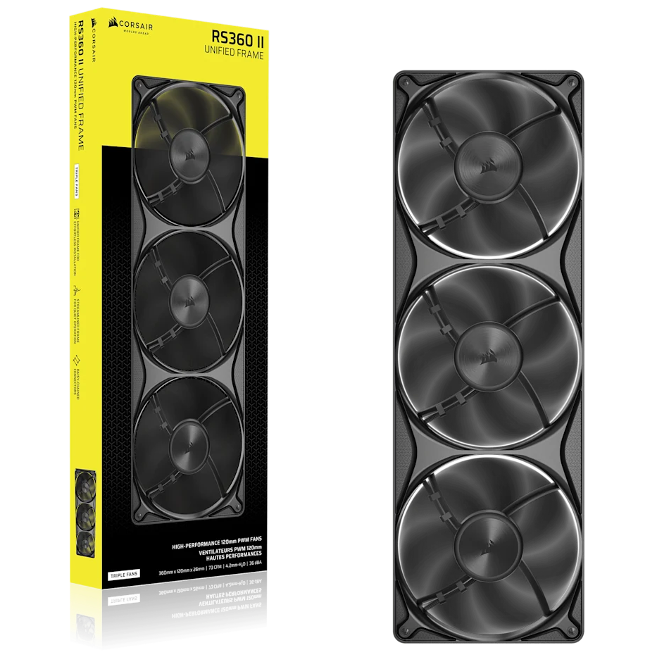 A large main feature product image of Corsair RS360 II Unified Frame - 360mm PWM Triple Block Fan (Black)