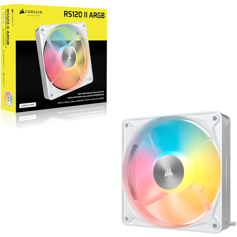 A large main feature product image of Corsair RS120 II ARGB - 120mm PWM Single Block Fan (White)