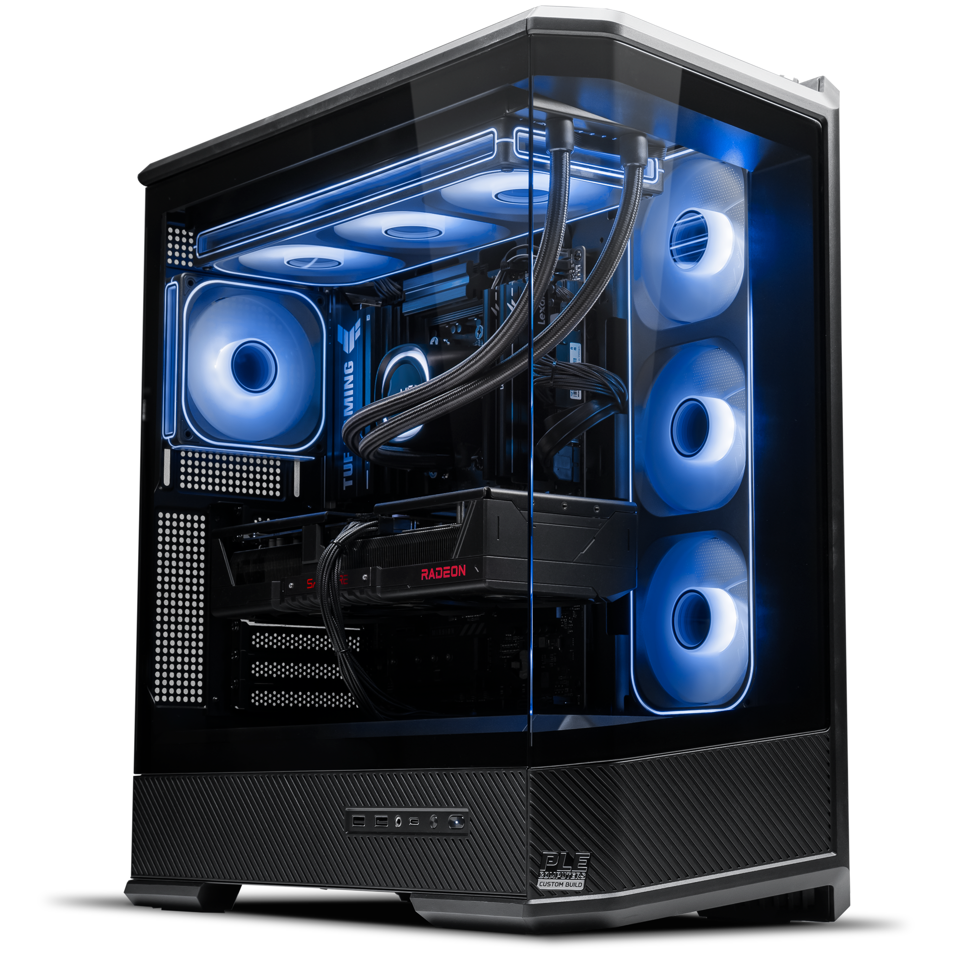 A large main feature product image of PLE Monsoon RX 9070 XT Prebuilt Ready To Go Gaming PC