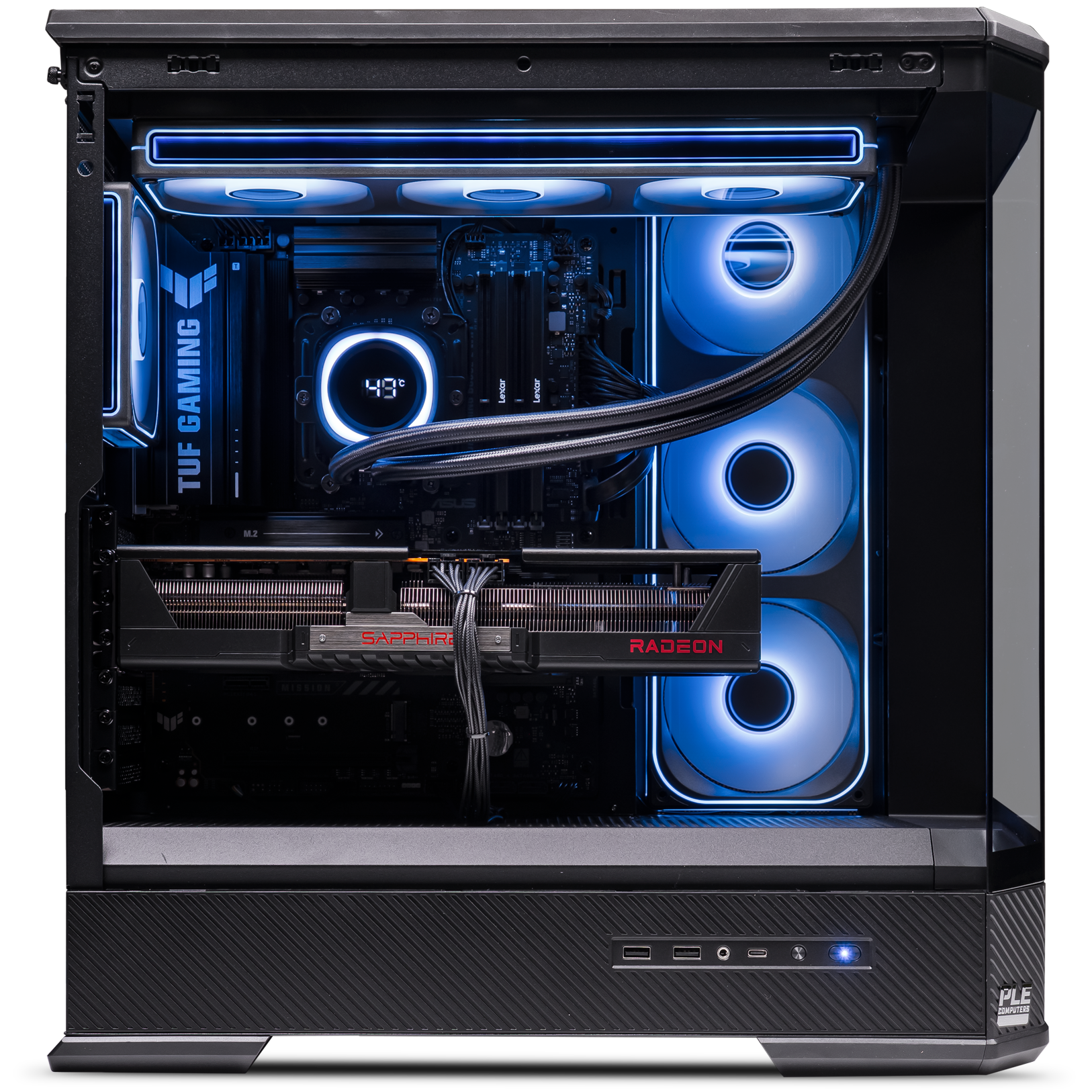 A large main feature product image of PLE Monsoon RX 9070 XT Prebuilt Ready To Go Gaming PC