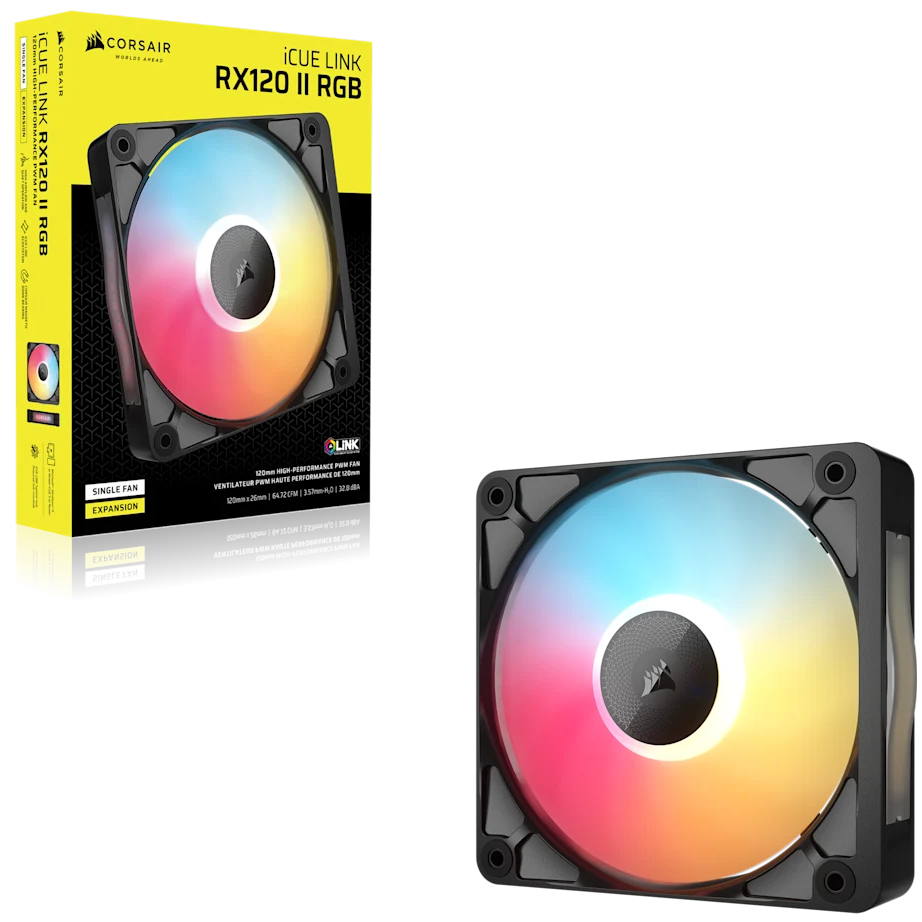 A large main feature product image of Corsair iCUE LINK RX120 II RGB - 120mm PWM Single Block Fan (Black)