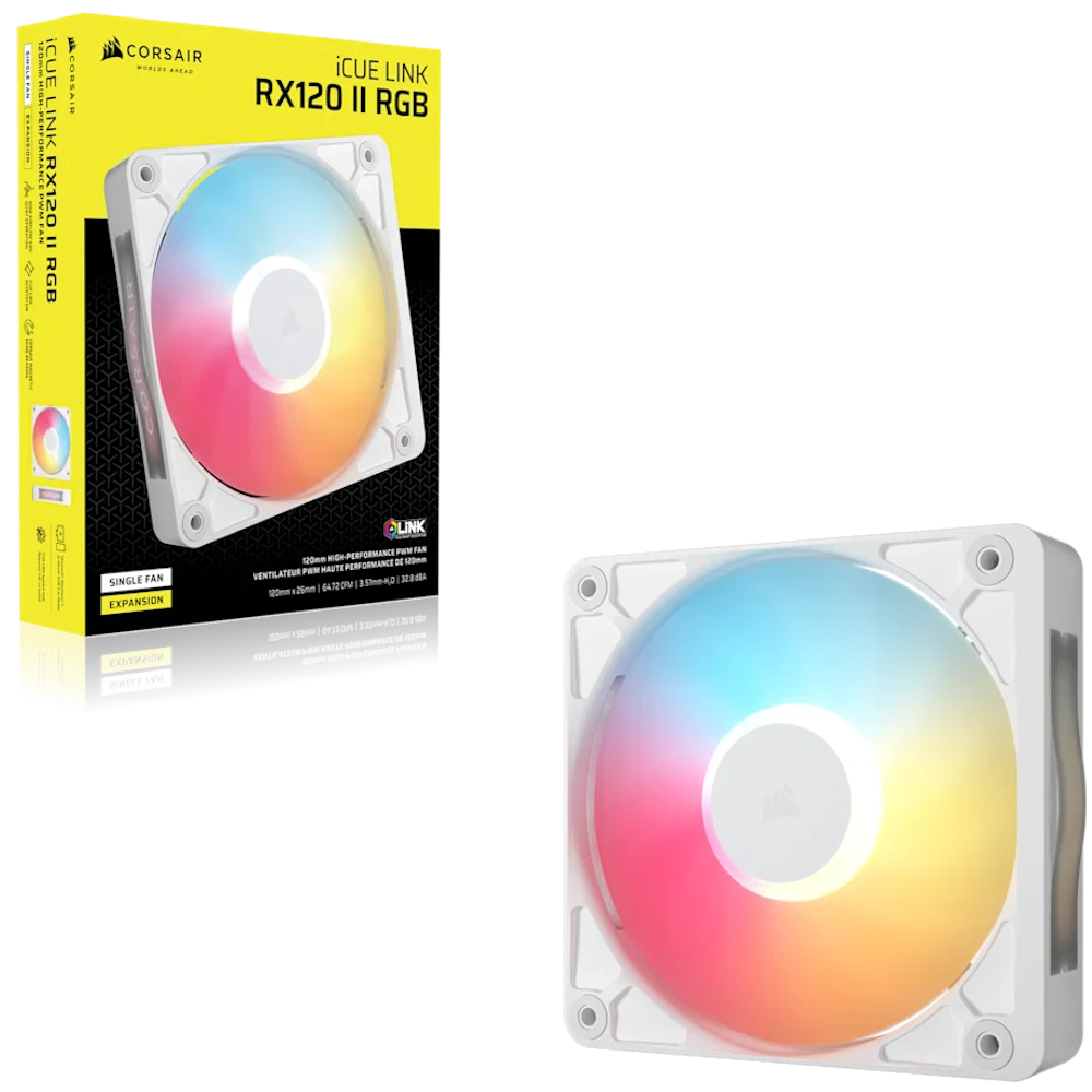A large main feature product image of Corsair iCUE LINK RX120 II RGB - 120mm PWM Single Block Fan (White)