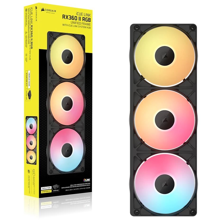 A large main feature product image of Corsair iCUE LINK RX360 II RGB - 360mm PWM Triple Block Fan w/ iCUE LINK System Hub (Black)