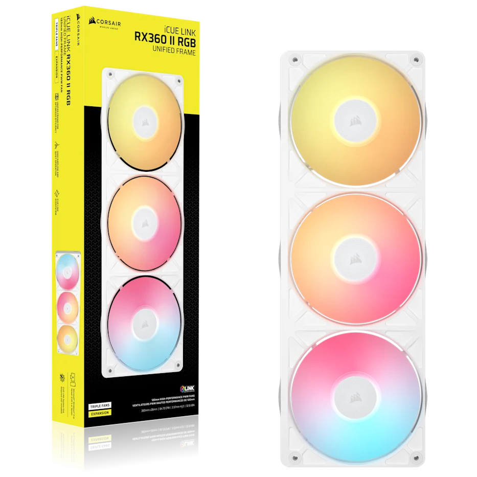 A large main feature product image of Corsair iCUE LINK RX360 II RGB - 360mm PWM Triple Block Fan (White)