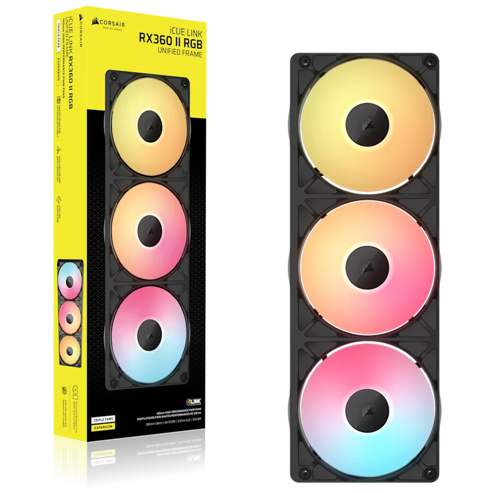 A large main feature product image of Corsair iCUE LINK RX360 II RGB - 360mm PWM Triple Block Fan (Black)