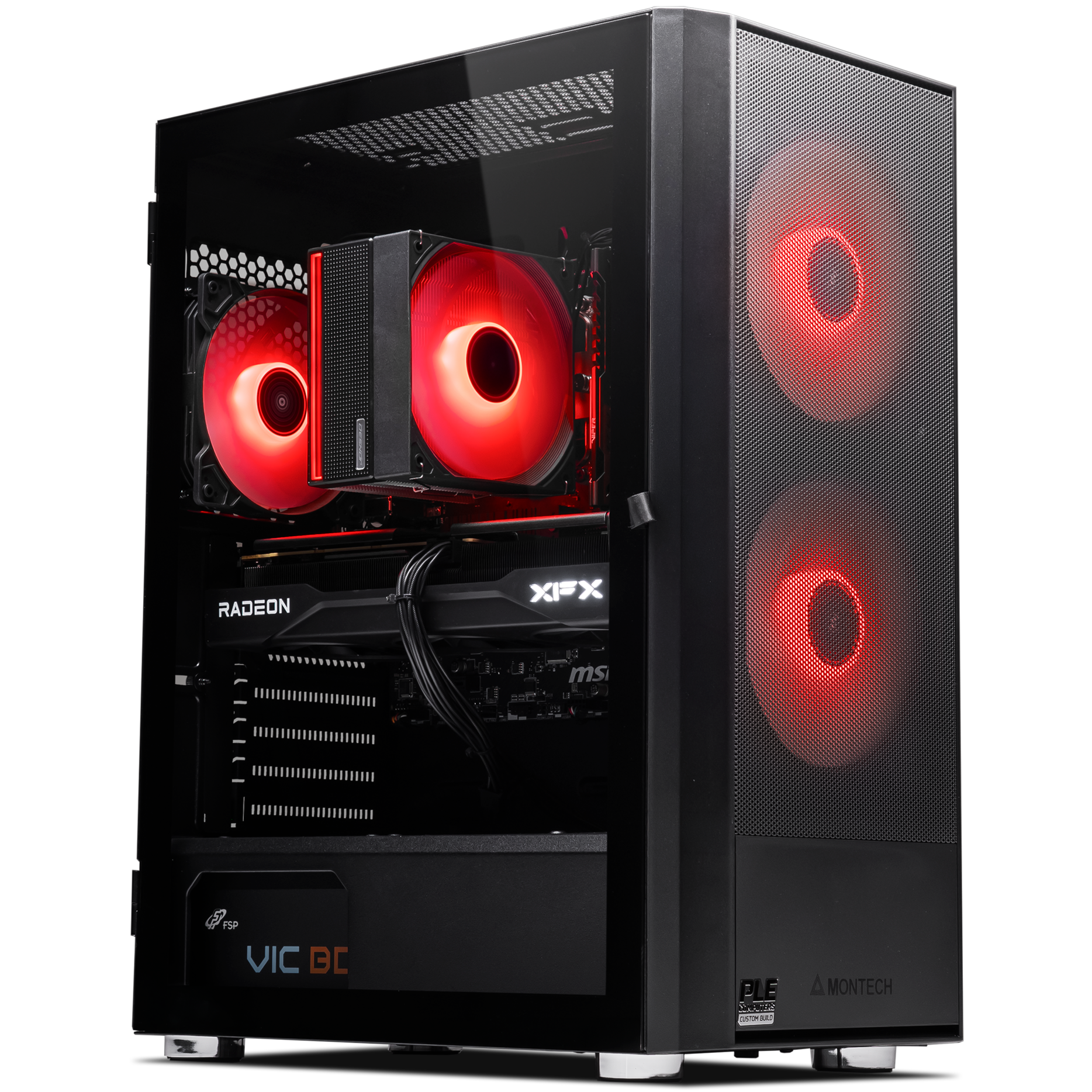 A large main feature product image of PLE Crimson RX 9060 XT Prebuilt Ready To Go Gaming PC