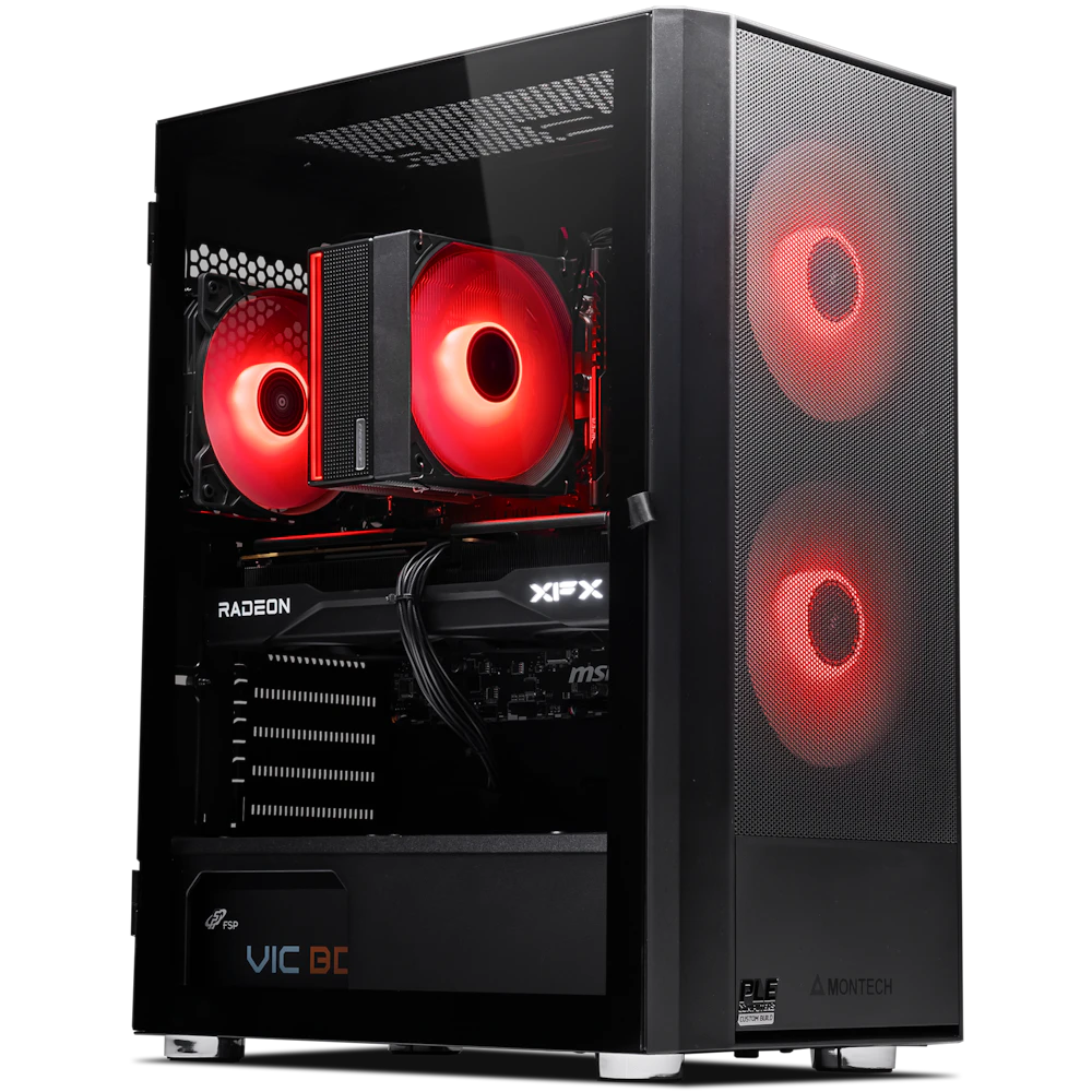 A large main feature product image of PLE Crimson RX 9060 XT Prebuilt Ready To Go Gaming PC