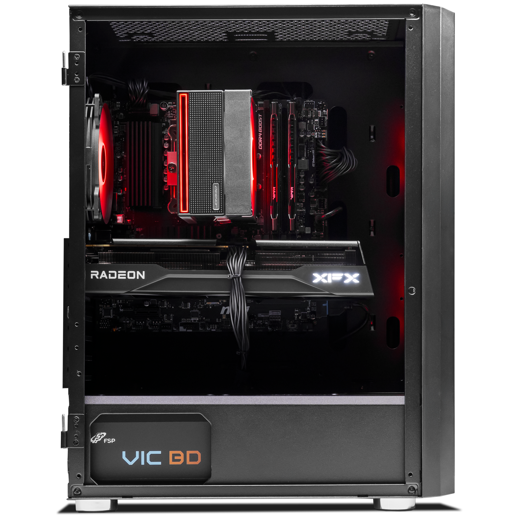 A large main feature product image of PLE Crimson RX 9060 XT Prebuilt Ready To Go Gaming PC