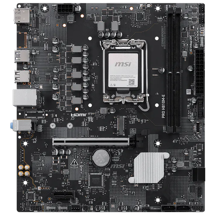 A large main feature product image of MSI PRO H810M-E LGA1851 mATX Desktop Motherboard