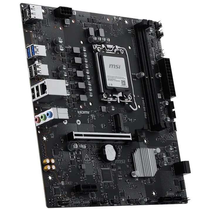 A large main feature product image of MSI PRO H810M-E LGA1851 mATX Desktop Motherboard