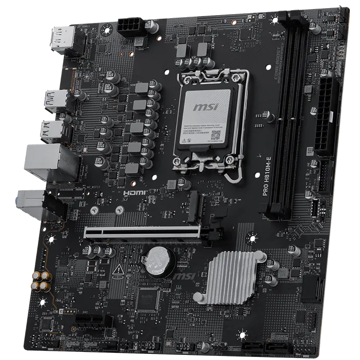 A large main feature product image of MSI PRO H810M-E LGA1851 mATX Desktop Motherboard