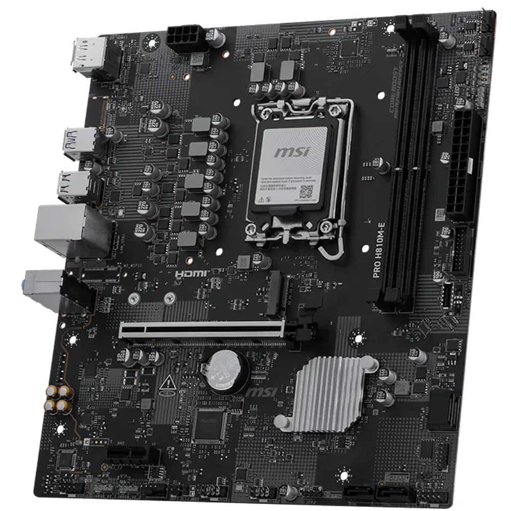 A large main feature product image of MSI PRO H810M-E LGA1851 mATX Desktop Motherboard