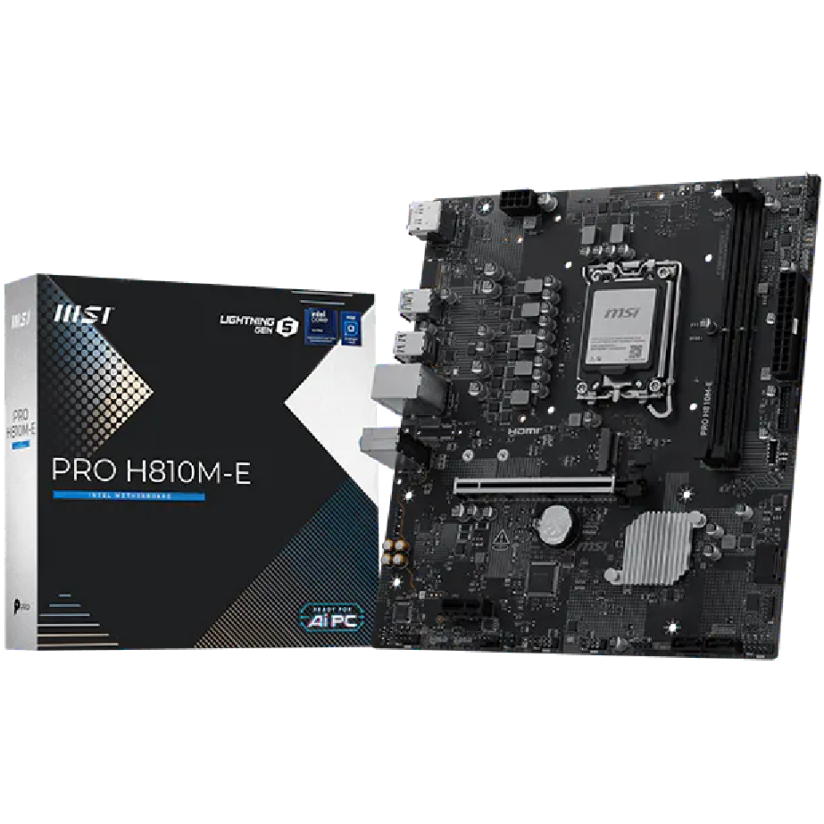 A large main feature product image of MSI PRO H810M-E LGA1851 mATX Desktop Motherboard
