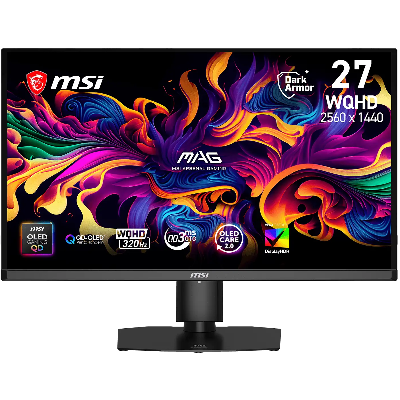 A large main feature product image of MSI MAG OLED 271QPX32 - 27" 1440p 320Hz 0.03ms Gaming Monitor
