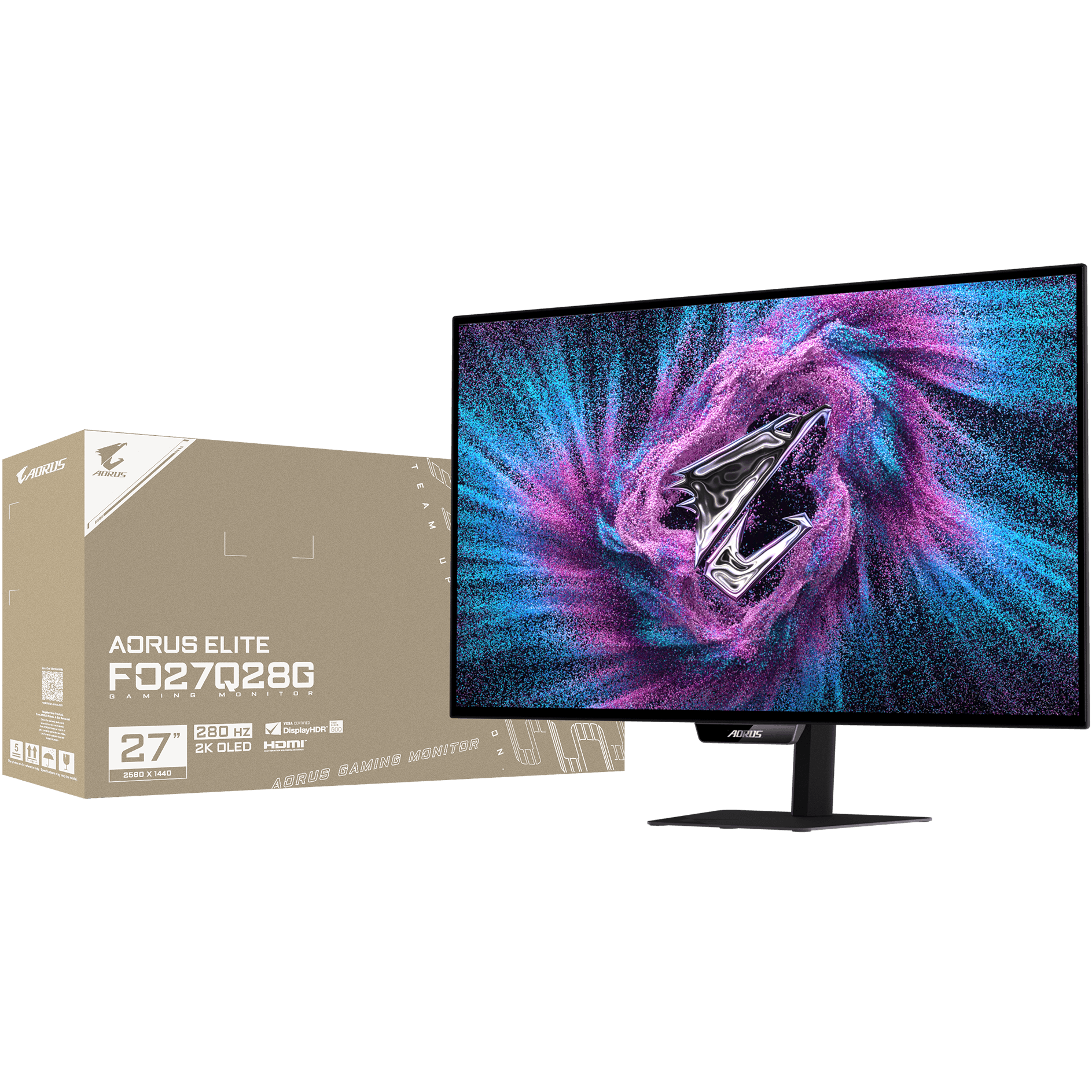 A large main feature product image of Gigabyte AORUS Elite FO27Q28G WOLED - 27" 1440p 280Hz 0.03ms Gaming Monitor