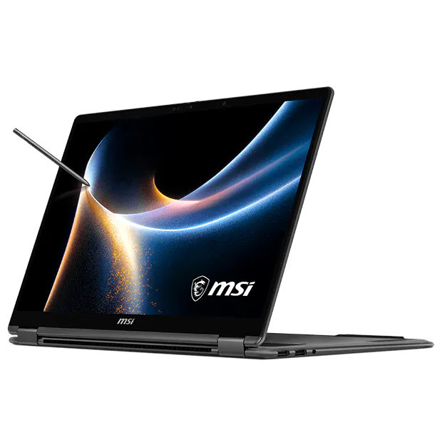 A large main feature product image of MSI Prestige 14 Flip AI+ (D3MTG) - 14" FHD+ OLED, Ultra 9 386H, 32GB/1TB - Win 11 Notebook