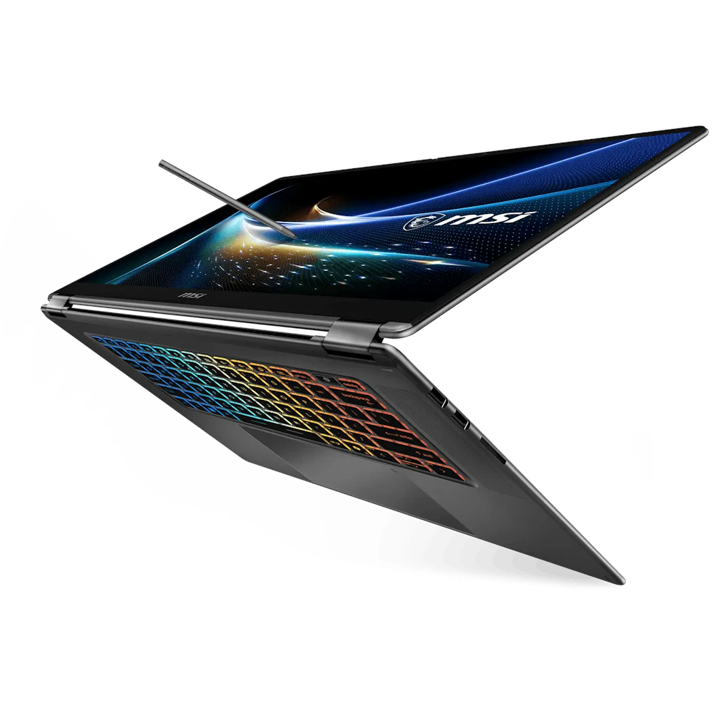 A large main feature product image of MSI Prestige N16 Flip AI+ (C1XMT) - 16" 2.8K OLED 120Hz Touch, RTX Spark N1X 20-core CPU, 32GB/1TB - Win 11 Pro Notebook