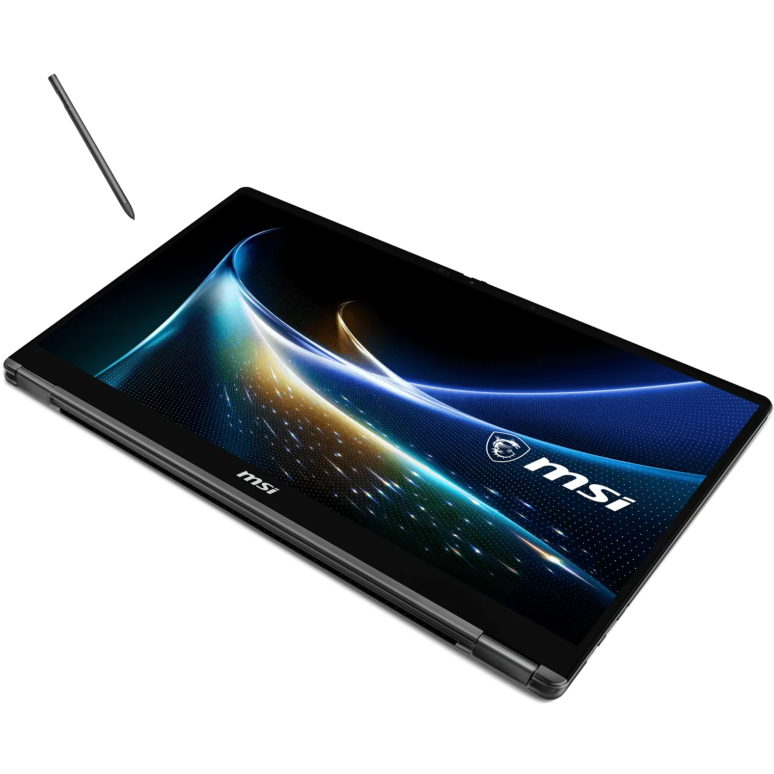 A large main feature product image of MSI Prestige N16 Flip AI+ (C1XMT) - 16"  2.8K OLED 120Hz Touch, RTX Spark N1X 20-core CPU, 32GB/1TB - Win 11 Pro Notebook