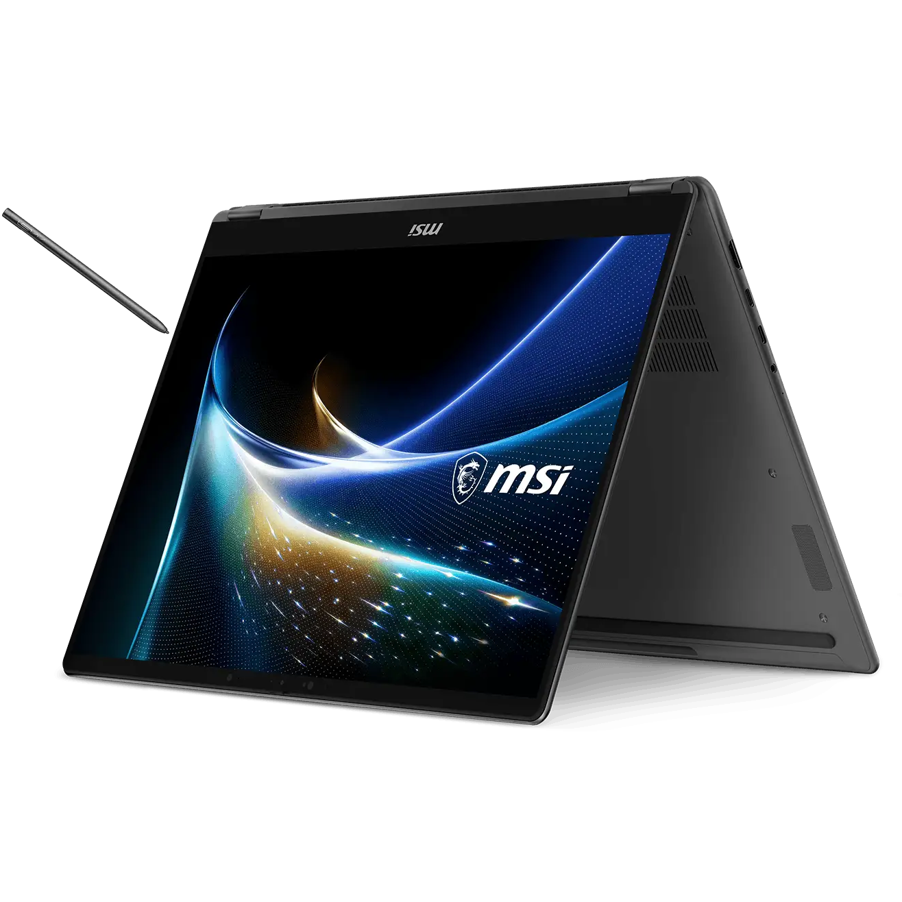 A large main feature product image of MSI Prestige N16 Flip AI+ (C1XMT) - 16" OLED 120Hz Touch, RTX Spark N1X 20-core CPU, 64GB/1TB - Win 11 Pro Notebook