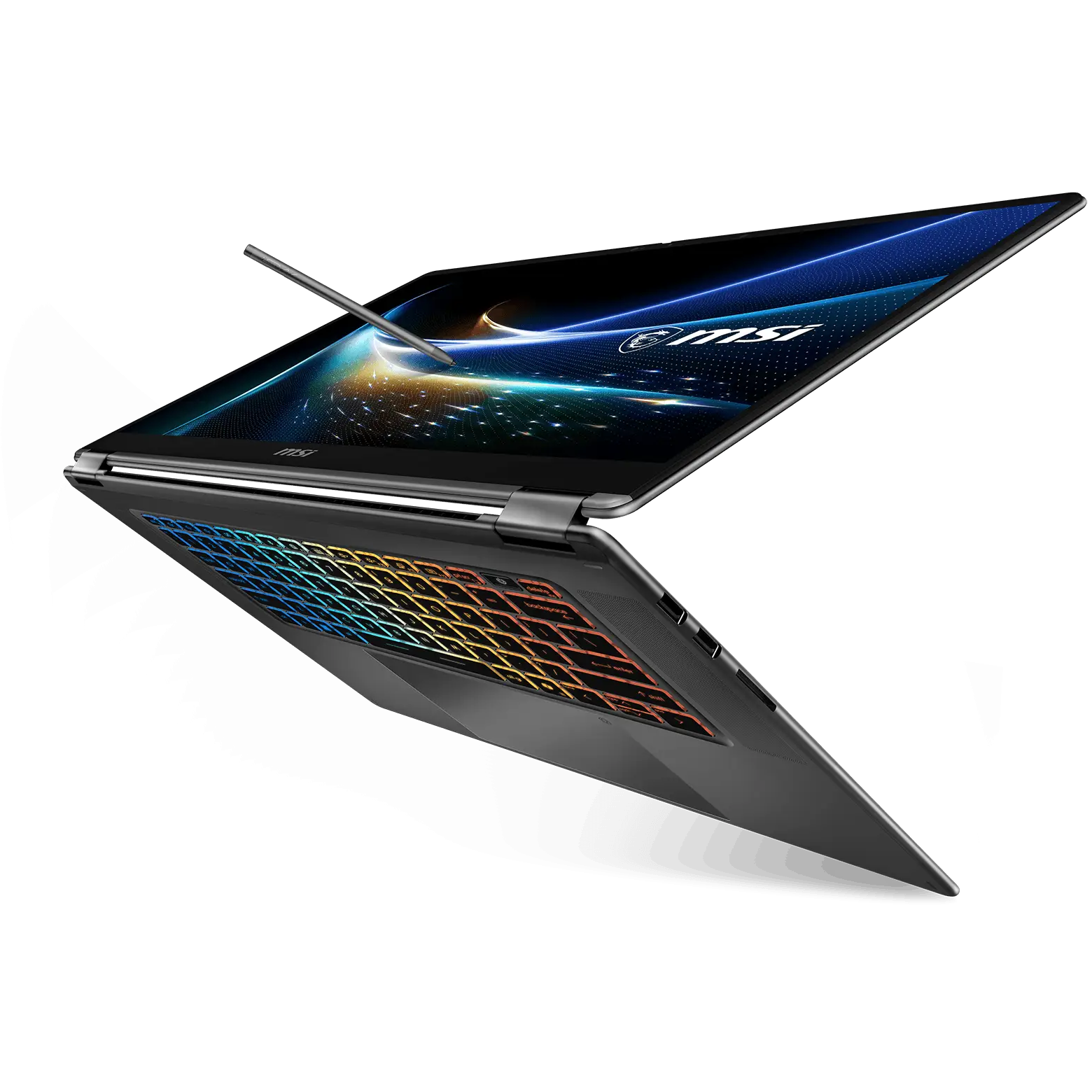 A large main feature product image of MSI Prestige N16 Flip AI+ (C1XMT) - 16" OLED 120Hz Touch, RTX Spark N1X 20-core CPU, 64GB/1TB - Win 11 Pro Notebook