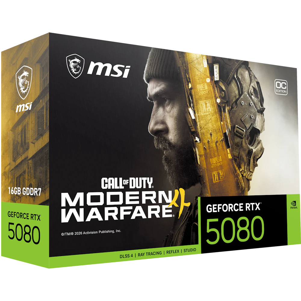A large main feature product image of MSI GeForce RTX 5080 OC 16GB GDDR7 - Call of Duty Modern Warfare 4 Edition