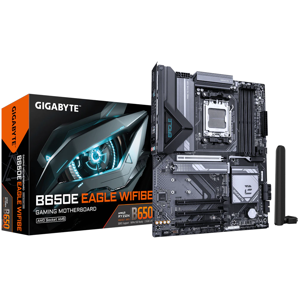A large main feature product image of Gigabyte B650E Ealge AX AM5 ATX Desktop Motherboard