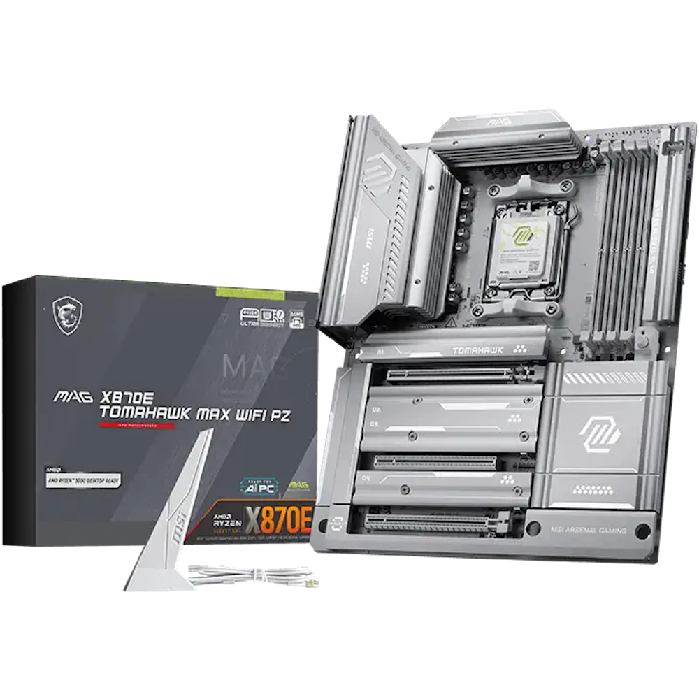 A large main feature product image of MSI MAG X870E Tomahawk MAX WIFI PZ AM5 ATX Desktop Motherboard