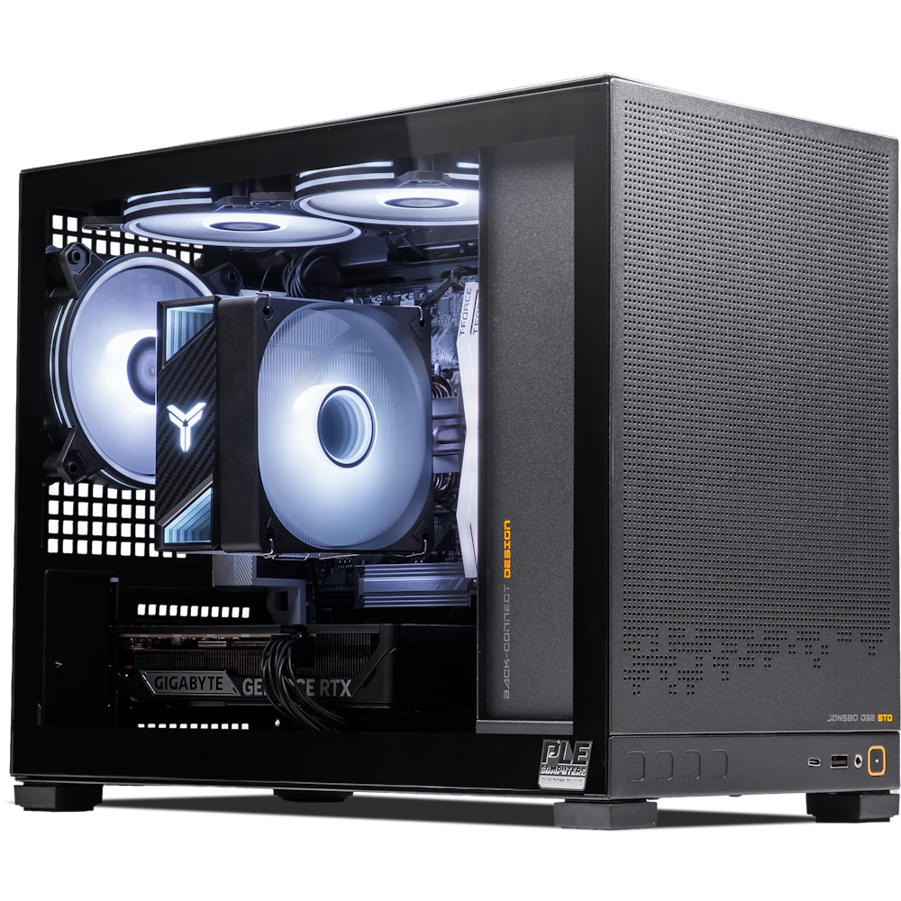 A large main feature product image of PLE Scout RTX 5060 Prebuilt Ready To Go Gaming PC