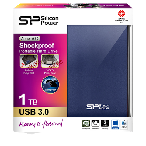 Silicon Power Armor A80 Water/Shock Proof 1TB USB3.0 2.5" Blue Portable HDD